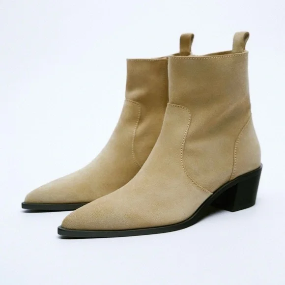 Zara Leather Split Suede Pointed Toe Cowboy Ankle Boots Size 39 | 8 - Picture 4 of 14